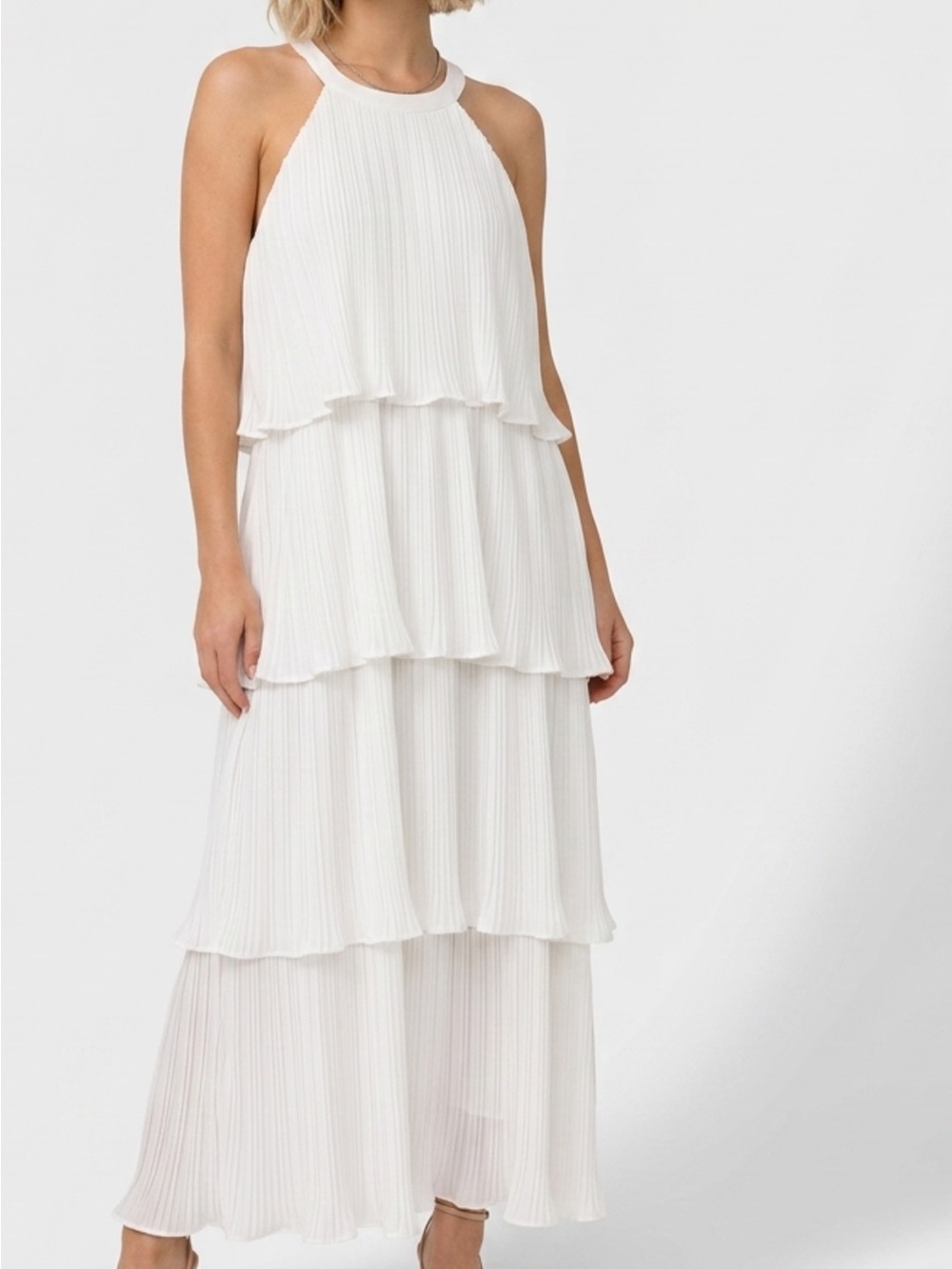 Zesica White Pleated Tiered Halter Maxi Dress